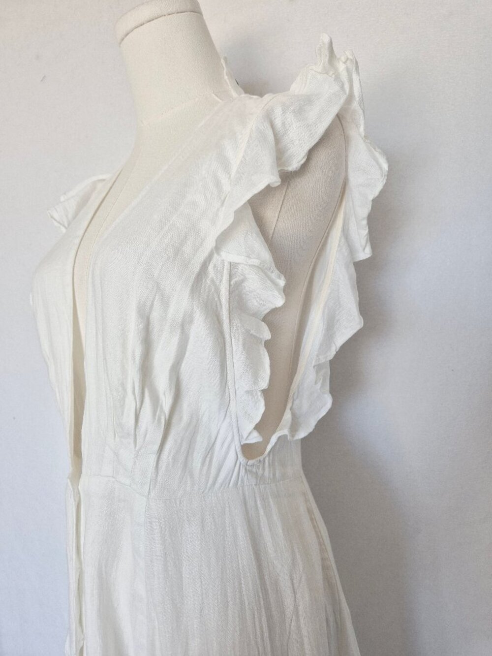 Reformation Linen Ruffle Sleeveless Deep V-Neck Midi Dress Button-Front Pocket - Picture 6 of 15